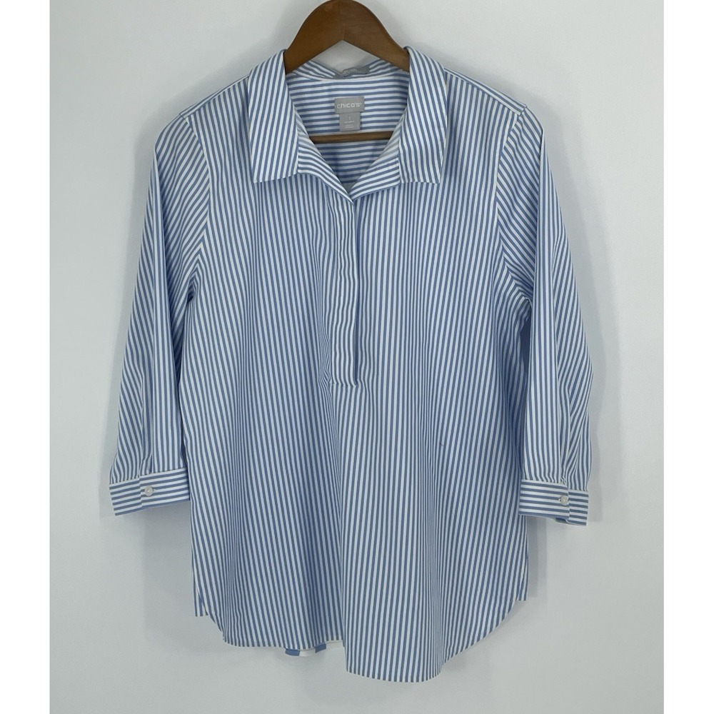 Chico's Women Size 1 S/M Blouse Blue Striped No-Iron Popover Long Sleeve Stretch